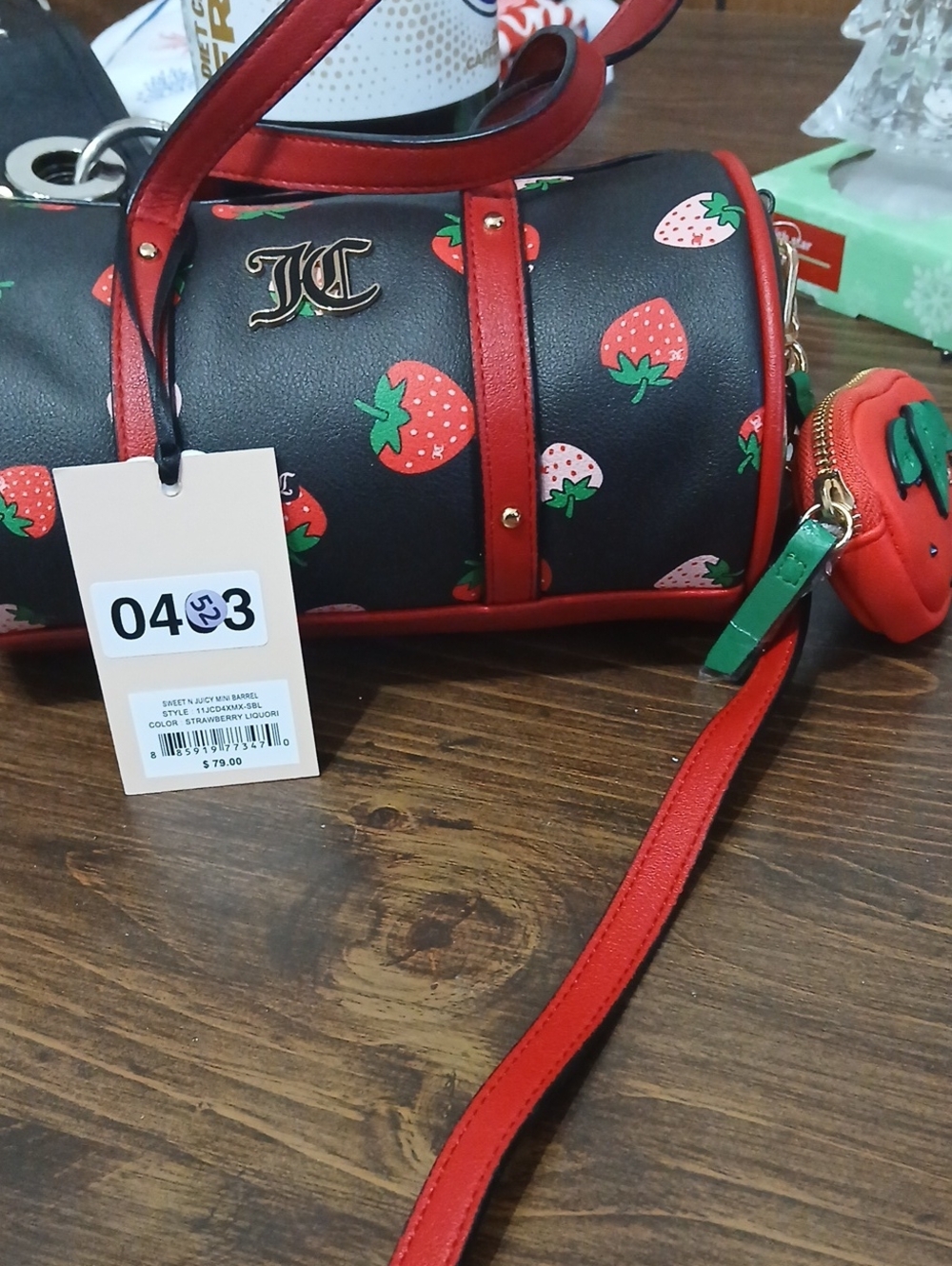 Juicy Couture Black Strawberry Barrel Satchel with Red Trim & Coin Purse